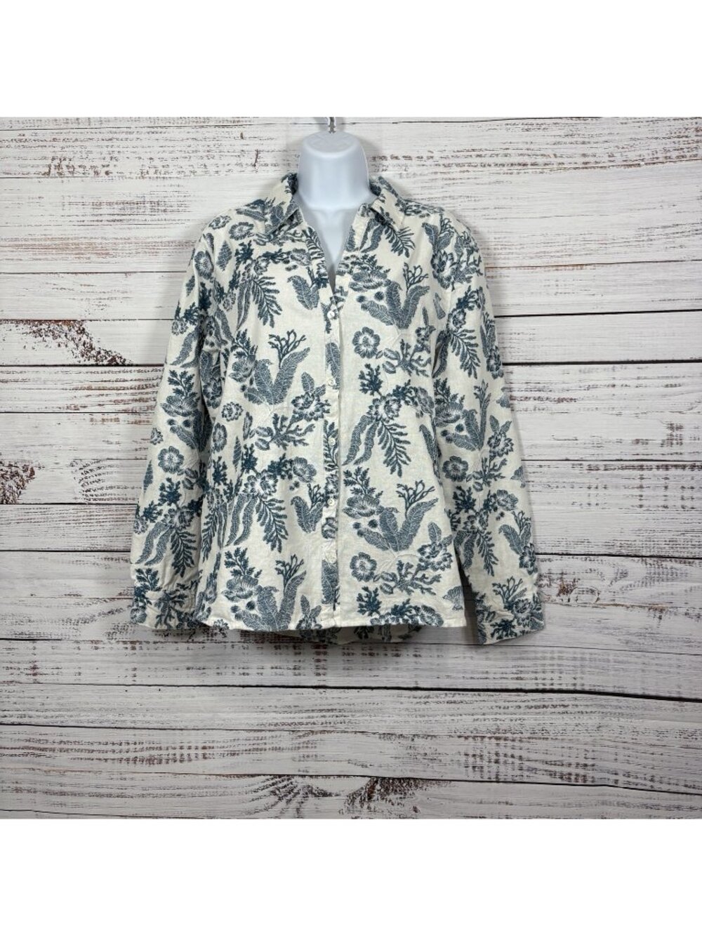 Calypso St Barth White Floral Linen Blend Button Long Sleeve Shirt